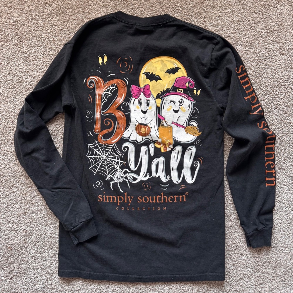Simply Southern Womens Small Boo Yall Halloween Ghost Long Sleeve T-Shirt Black
